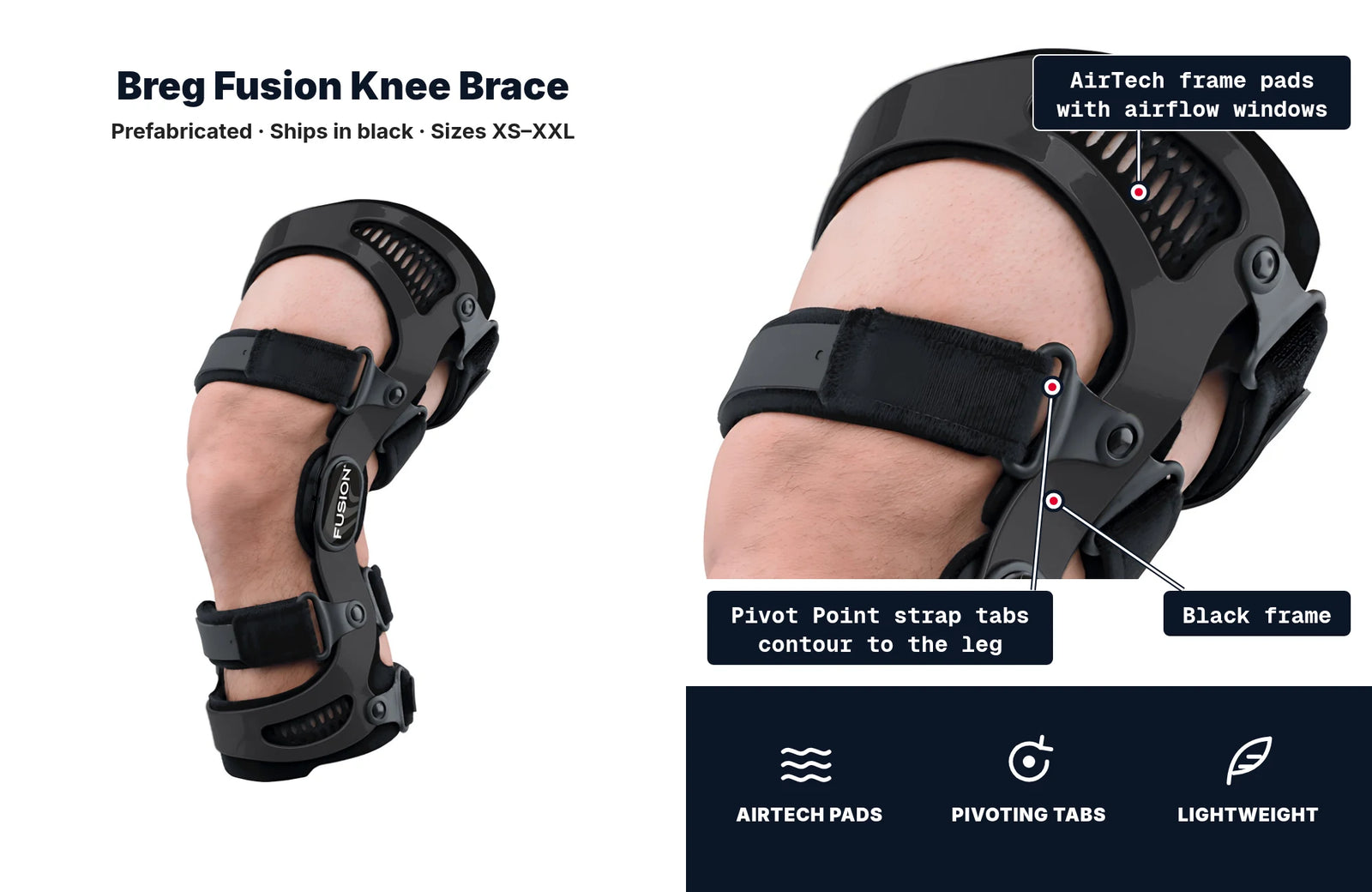 Breg Fusion knee brace in blue on the leg, side view