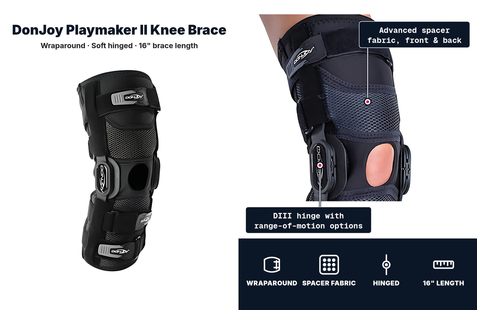 DonJoy Playmaker II wraparound knee brace, front view