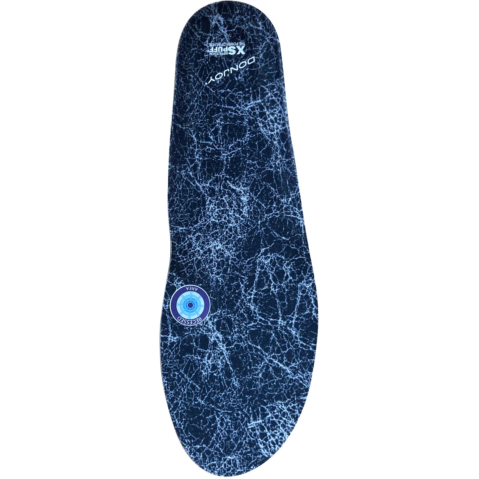 DonJoy Arch Rival insole with the blue patterned top cover, top view
