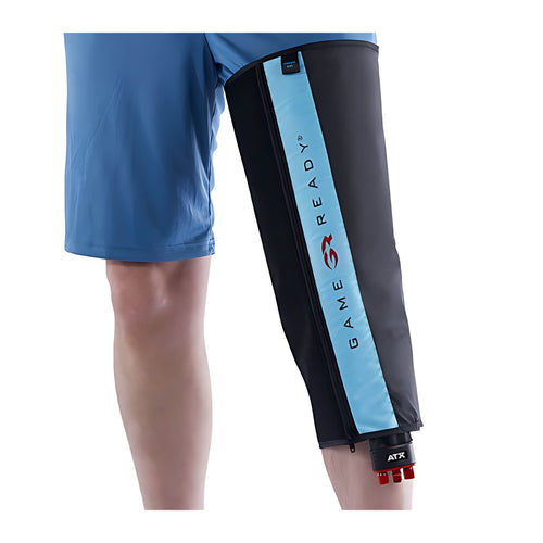 Game Ready knee wrap worn on the leg, front view